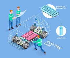 Electric car vehicle components and mechanic isometric illustration. vector