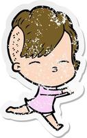 distressed sticker of a cartoon squinting girl running vector