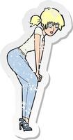 retro distressed sticker of a cartoon woman posing vector