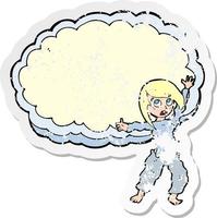 pegatina retro angustiada de una caricatura mujer estresada frente a la nube