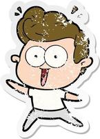 distressed sticker of a cartoon excited man vector