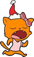 line drawing of a yawning cat wearing santa hat vector