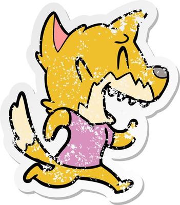 distressed sticker of a laughing fox running away