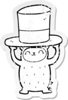 distressed sticker of a cartoon bear with giant hat vector