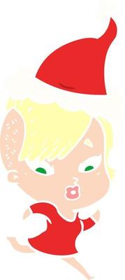 flat color illustration of a surprised girl wearing santa hat