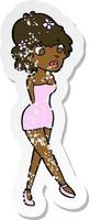 retro distressed sticker of a cartoon woman posing in dress vector