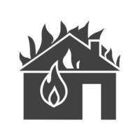 fuego que consume casa glifo icono negro vector