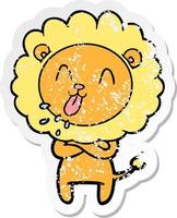 distressed sticker of a happy cartoon lion vector