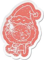 cartoon distressed sticker of a lion wearing santa hat vector