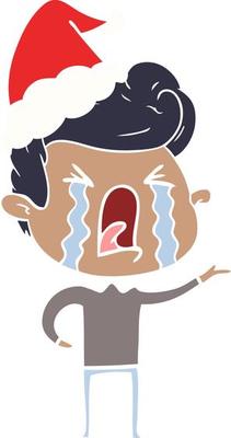 flat color illustration of a crying man wearing santa hat