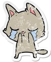 distressed sticker of a crying cartoon cat vector