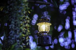 antique oil lamp hanging on a tree in the forest in the evening camping atmosphere.Travel Outdoor Concept image.soft focus. photo