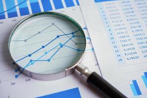 Magnifying glass on charts graphs paper. Financial development, Banking Account, Statistics, Investment Analytic research data economy, Stock exchange trading concept. photo