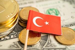 Stack of coins money with Turkey flag, finance banking concept. photo