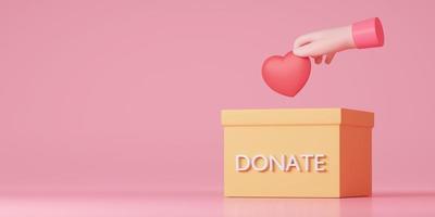 concepto de donación 3d. recoger a mano el corazón en la caja de donación. representación 3d foto