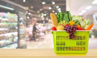 Shopping basket filled with fruits and vegetables on wood table with supermarket grocery store blurred defocused background with bokeh light photo