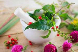 Fresh herbs in the mortar, alternative medicine photo