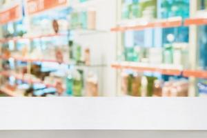 Pharmacy counter with the pharmacy store blur background photo