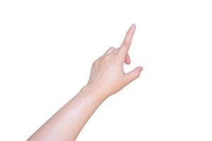 female hand touching or pointing to something isolated on white photo