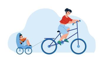 Mother And Son Riding Bike Trailer Outdoor Vector