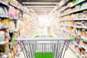 supermarket shelves aisle with empty shopping cart defocused interior blur bokeh light background photo