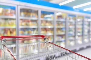 Supermarket refrigerators freezer aisle blur defocused background with empty red shopping cart photo