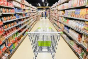 Supermarket aisle with empty shopping cart business concept photo