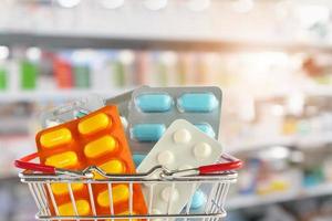 Medicine pill tablet in shopping basket with pharmacy drugstore shelves blurred background photo