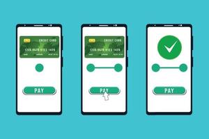 transferencia de dinero digital y métodos de pago con un vector móvil. pagando dinero con una tarjeta de crédito usando una ilustración de teléfono inteligente. concepto de pago de dinero en línea con tarjeta de crédito.