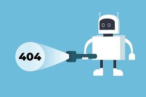 un robot blanco que busca un error 404 con una linterna. Concepto de error de página 404 no encontrada con un vector de diseño plano de robot. el sistema encuentra el error 404 con una gran luz de antorcha sobre un fondo azul.