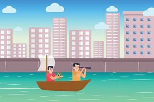 Little kid flat character illustration with a small boat and urban lake. Kids playing with the boat on a lake with a cityscape background. Playable children with scope and toy vessel on the water. vector