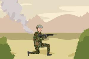 Flat character soldier in a war field firing bullets vector concept. Soldier training with an assault rifle on a parade ground. Military man with a gun for army training in a battleground.