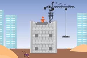 A mason constructing a building with his hand vector. Under construction site with a crane, buildings, and bricks. Building workers construct buildings with brick blocks and cement, vector. vector