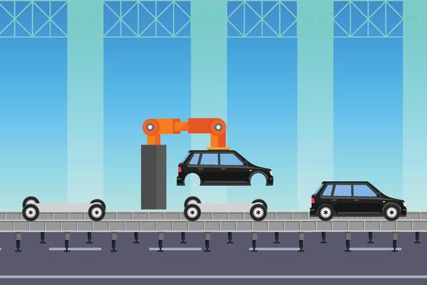 Car manufacture factory work process with car frame and wheels. Assembling car parts inside a factory with robotic hands. Artificial intelligence makes cars with a robot inside a vehicle factory.