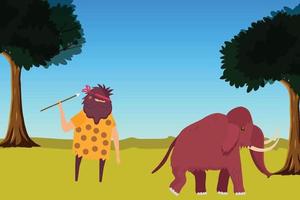 hombre de las cavernas cazando un mamut con una lanza en un vector de la jungla. Ilustración de concepto de hábito de caza y comida de cavernícolas prehistóricos. cavernícola con una lanza larga, matando mamuts para comer.