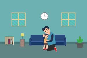 Father hugging his son inside a house vector. Flat character illustration with a home interior concept. Father and son hugging. House interior with blue sofa, wall clock, table lamp, and bookshelf.