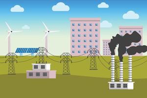 Electrical power supply with long electric pillar vector concept. Electricity production with solar panels, windmills, and refineries. Electricity transfer method with urban buildings and a blue sky.
