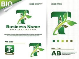 Initial letter T with Green leaf logo design vector