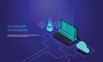 Laptop analysis processing. cloud services concept, file backup and saving, copy of file structure isometric vector , Database.