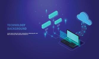 Laptop analysis processing. cloud services concept, file backup and saving, copy of file structure isometric vector , Database.