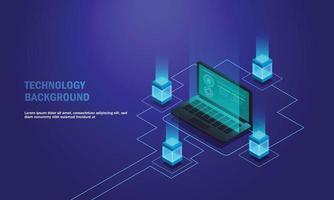 Laptop analysis processing. cloud services concept, file backup and saving, copy of file structure isometric vector , Database.