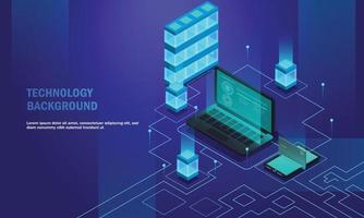 Laptop analysis processing. smartphone with credit bank card,  isometric vector , Database backup.