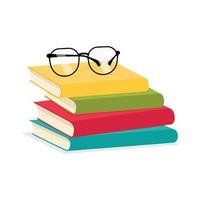 Glasses are placed on stack of colorful books, isolated on white background. Back to School concept. Education, textbooks. Cartoon style vector