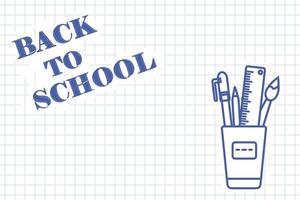 Sheet of school notebook in cage with inscription Back to school and painted stationery. Education. Copy space. Horizontal web banner. Template for leaflet, advertising vector