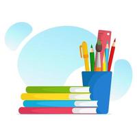 Stack of colorful books, stationery in stand. School or office items. Studying, training, education, courses, university vector