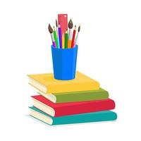 Colorful books are stacked, pencils and brushes in glass, isolated on white background. Educational and office supplies. Vivid illustration of school education. Back to school. Cartoon style, vector