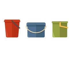 Three colorful plastic buckets of different shapes, isolated on white background. Household bucket for washing floors, windows, and rooms. Garbage container vector