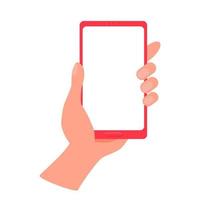 Hand shows smartphone with blank white display. Woman or man hold cell phone in arm. Presentation template for mobile application or service. Isolated flat design closeup vector