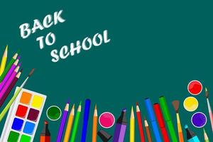 Inscription Back to school in chalk on blackboard, office supplies. Pencils, paints, markers, markers, brushes, gouache. Banner for advertising stationery. Knowledge Day vector