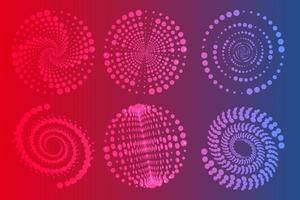 Set of spirals, Design elements, dotted abstract patterns. Spiral swirl, twist points, vortex halftone. Vector templates of circular radial rotation lines.